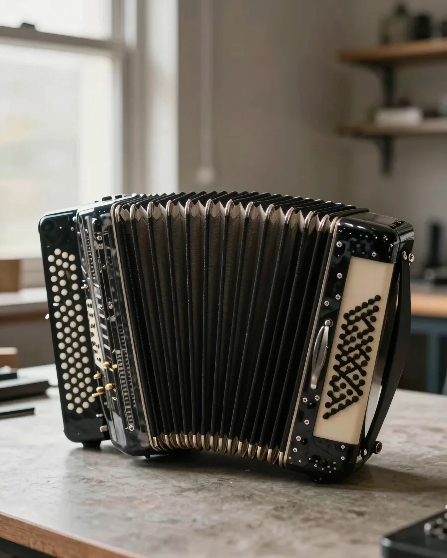 Editorial product photography of an accordion bellows and reed block on a neutral workbench, soft directional window lig