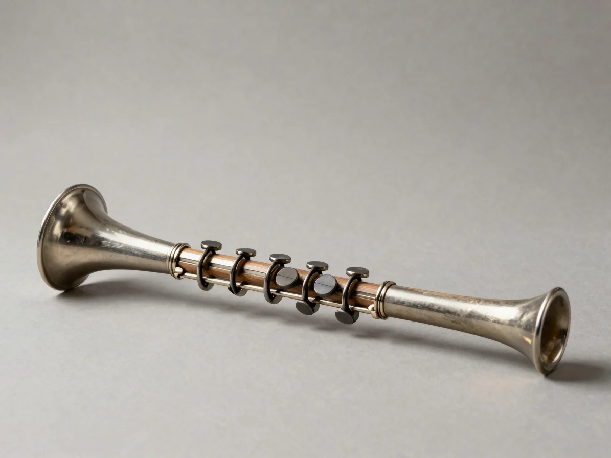 Editorial product photograph of a wind instrument with calibrated bore and keywork, soft directional workshop light, neu