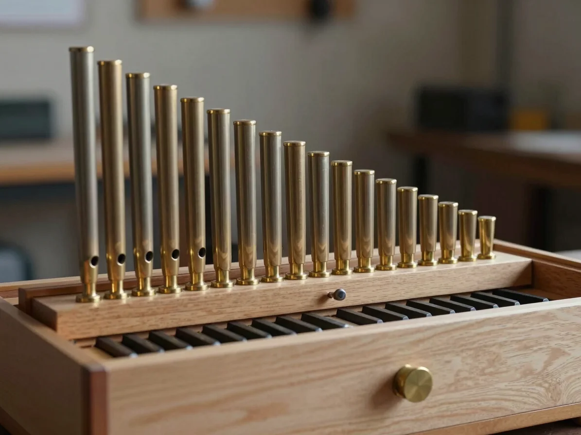 Close detail study of a harmonium reed block and valve assembly, soft directional workshop light, controlled highlights