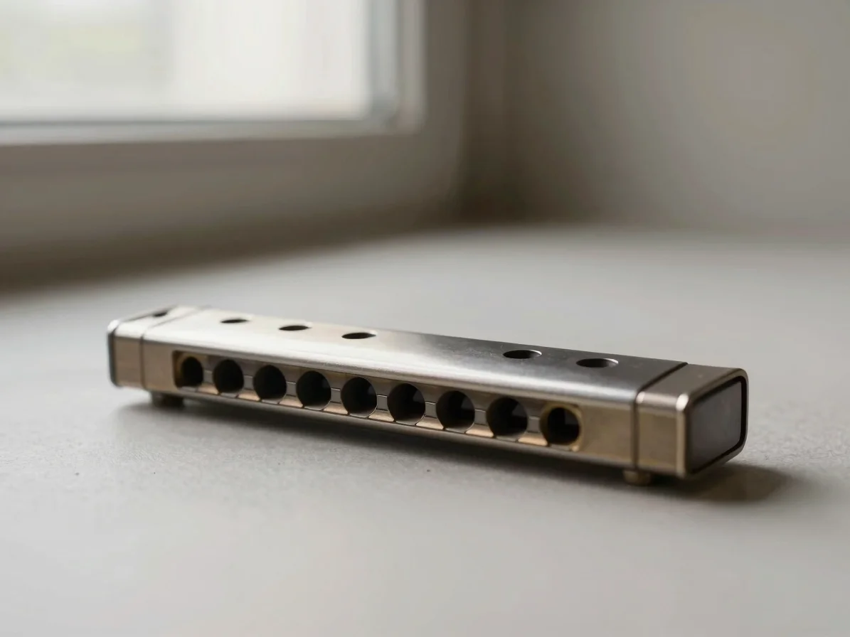 Product portrait of a mouth organ with corrosion-resistant reed plates visible, soft window light, neutral metal tones,